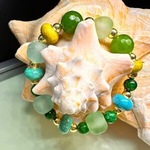 RARE TAIWAN JADE + SEA GLASS + BURMA JADE   NATURAL STONES BRACELET size 7”